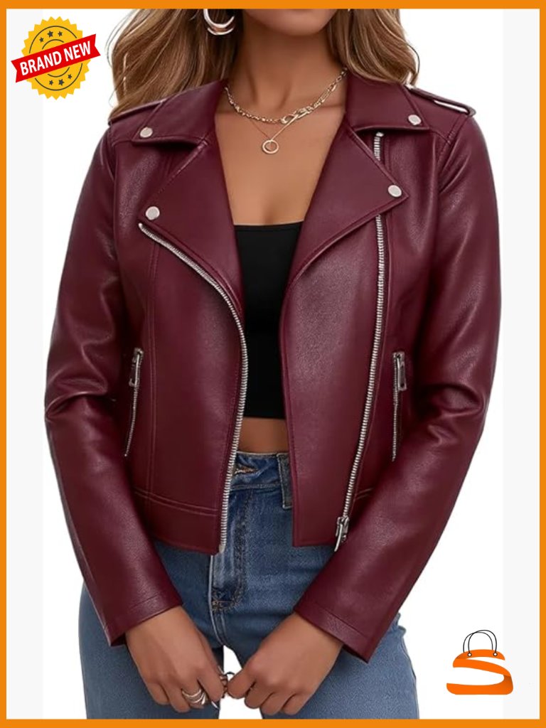 Faux Leather Cropped Moto Jacket Short Zip Up Coat